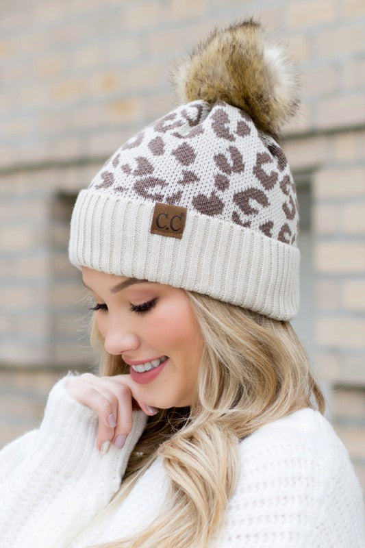 Leopard Fur Pom Beanie