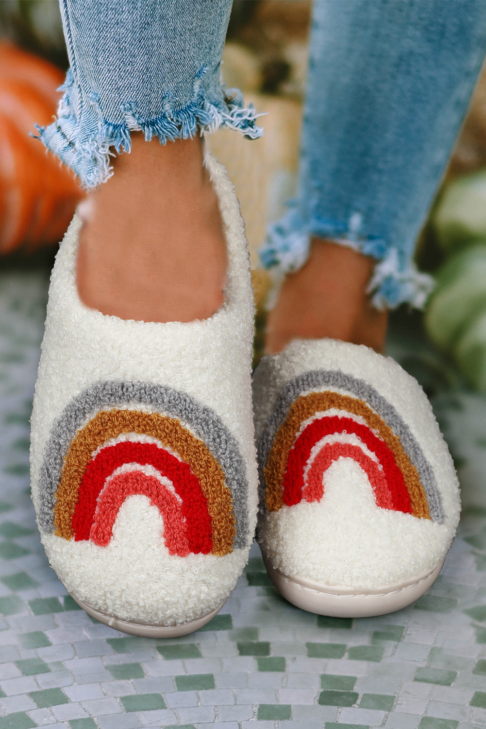 White Rainbow Plush Winter Home Slippers