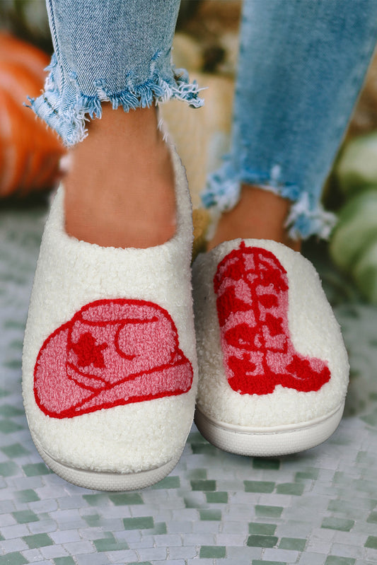 Racing Red Western Graphic Embroidered Sherpa Home Slippers