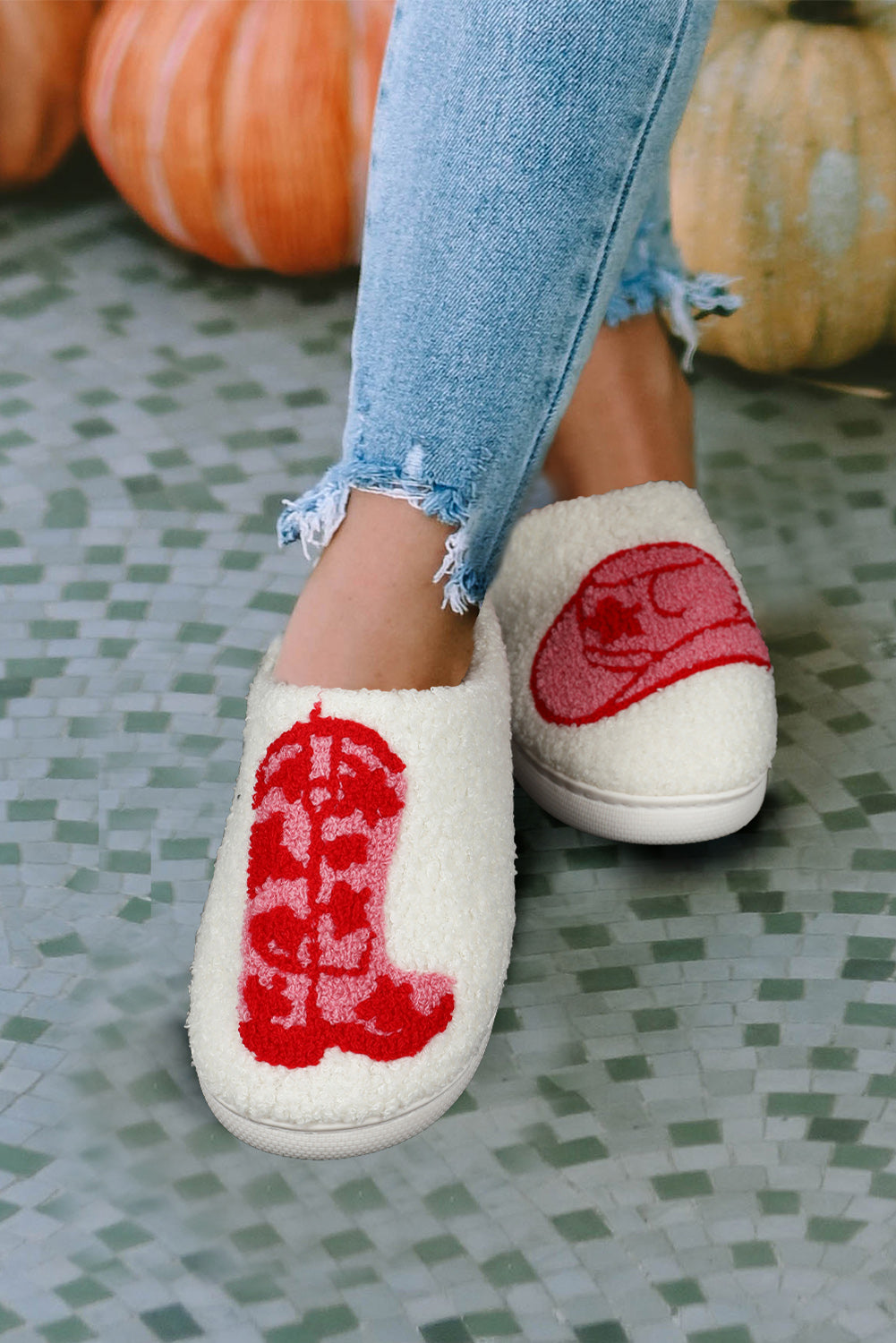 Racing Red Western Graphic Embroidered Sherpa Home Slippers