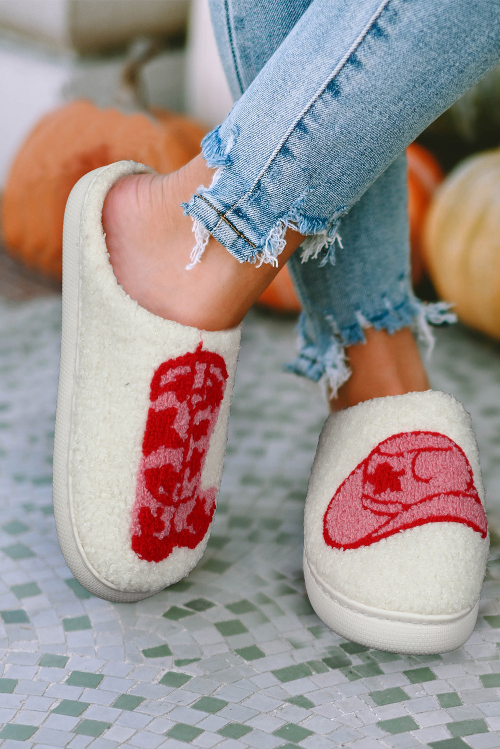 Racing Red Western Graphic Embroidered Sherpa Home Slippers