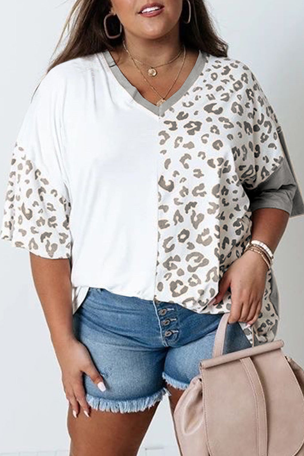 Leopard Patchwork Short Sleeve Top-Plus SIze