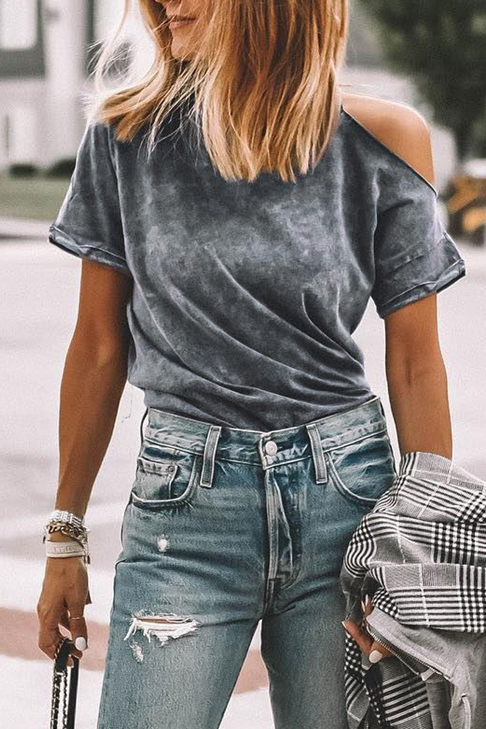 Gray Vintage Cold Shoulder Shirt