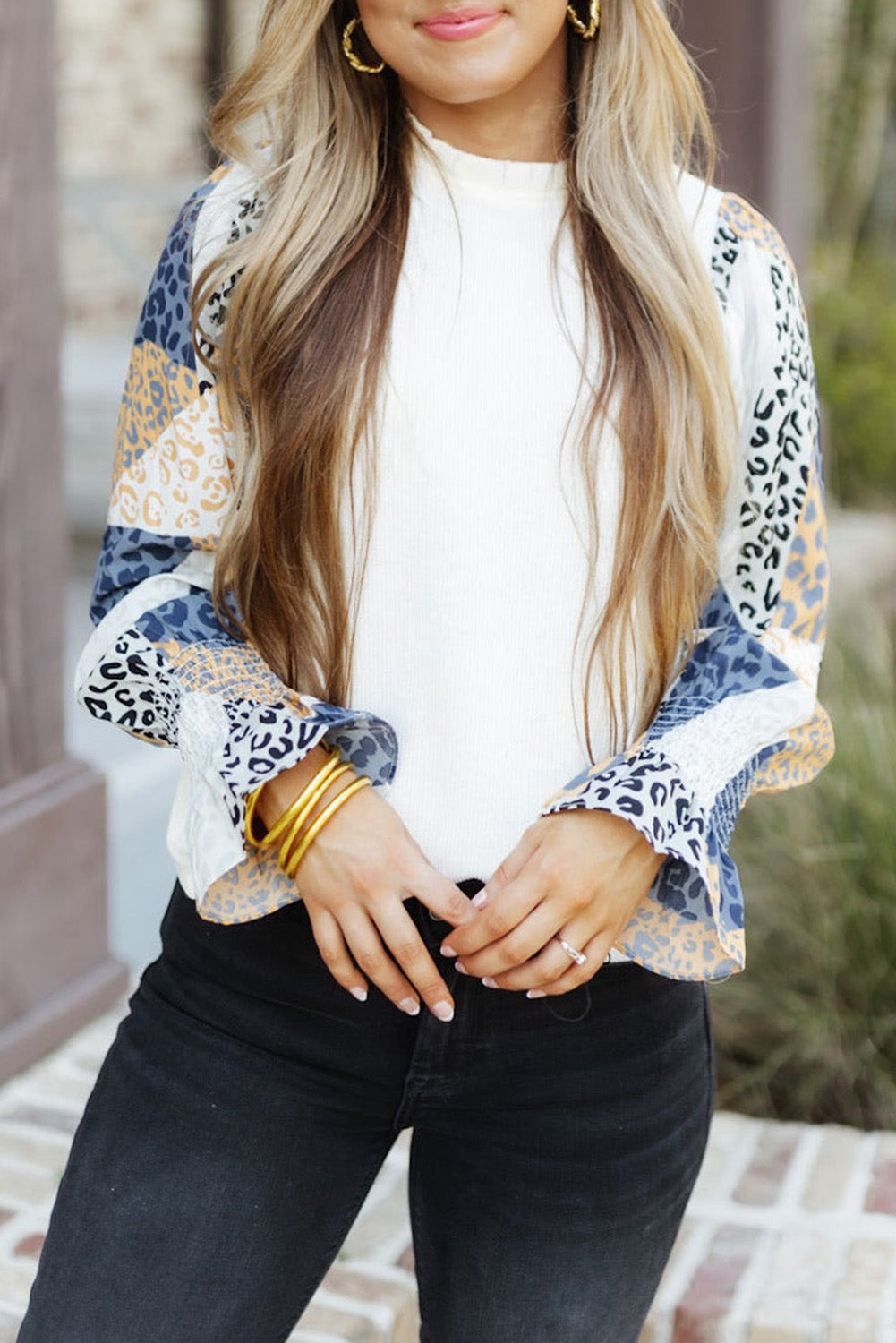 White Leopard Color Block Ruffled Blouse