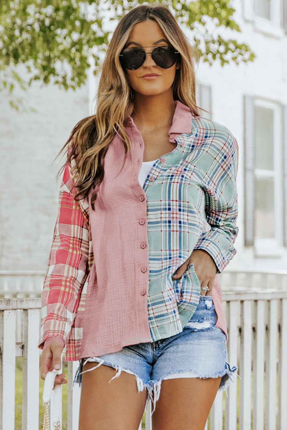 Pink Plaid Contrast Color Block Shirt