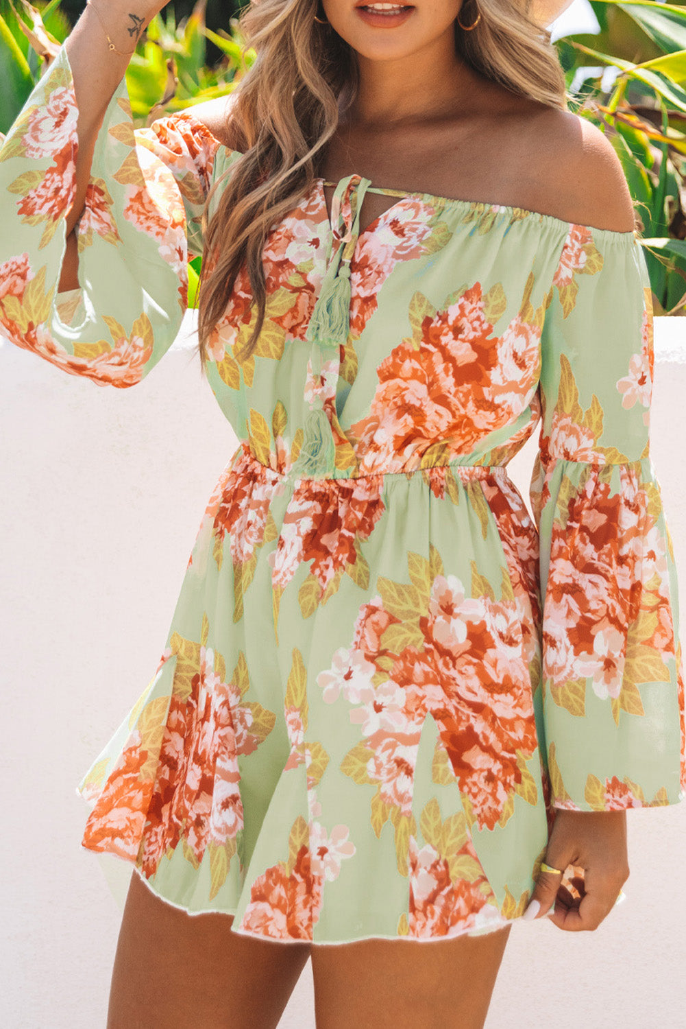 Floral Off the Shoulder Bell Sleeve Romper