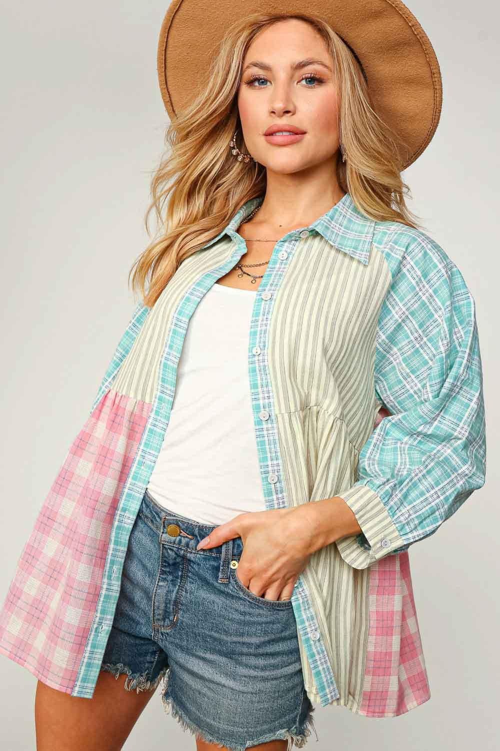 Sugarfox Stripe & Plaid Baby doll shirt