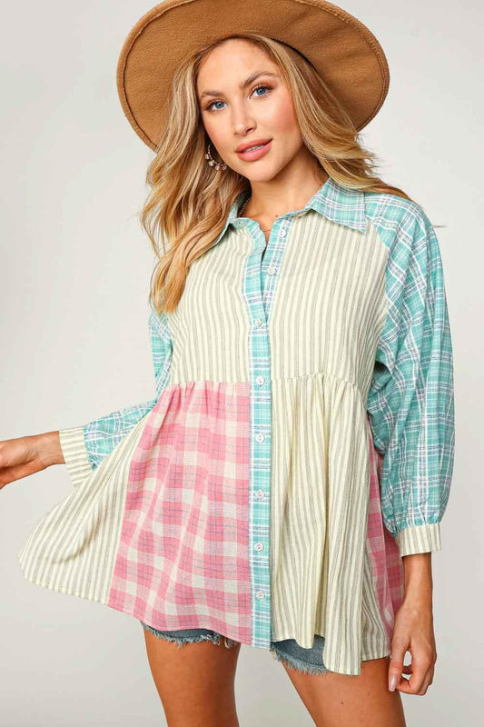 Sugarfox Stripe & Plaid Baby doll shirt