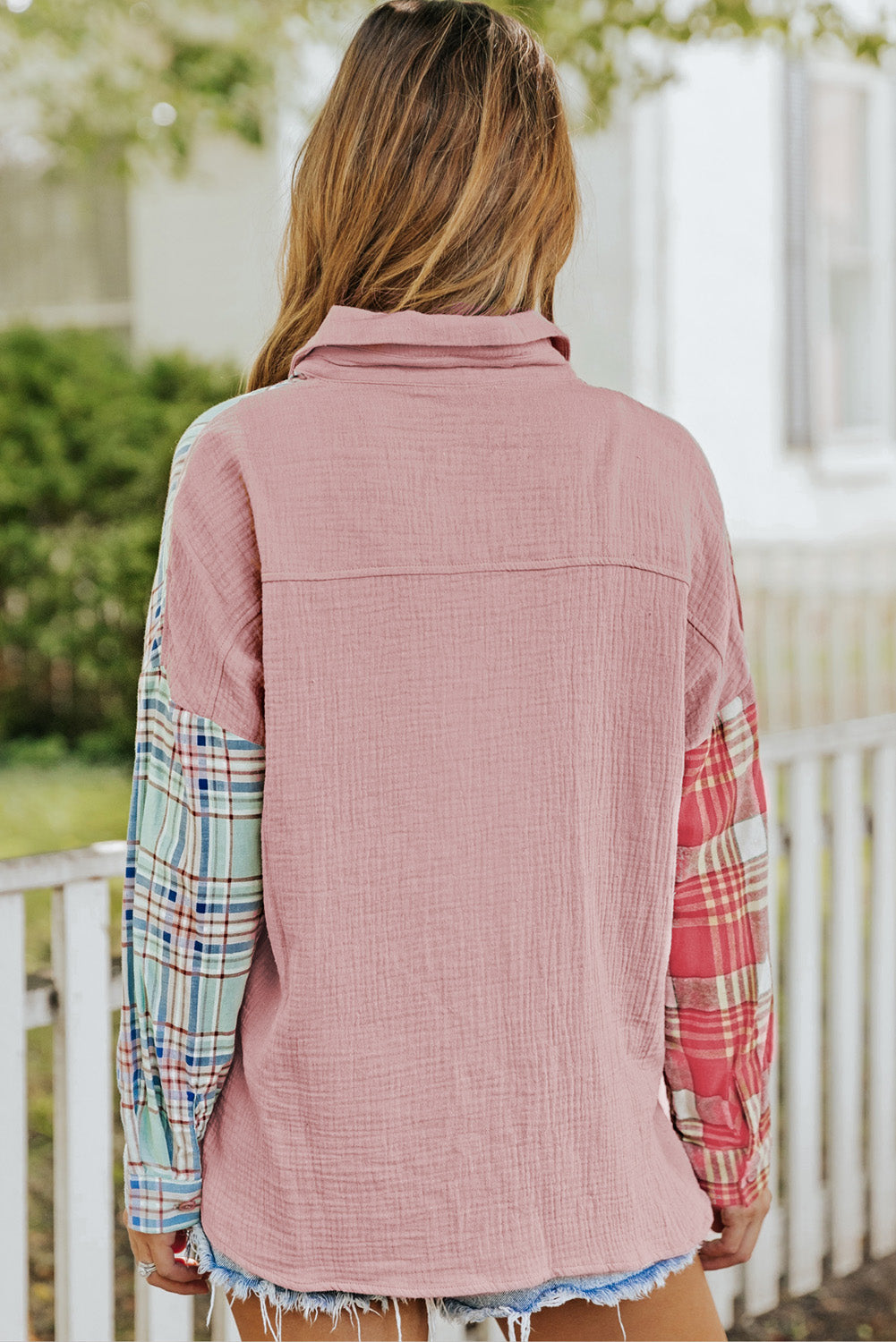 Pink Plaid Contrast Color Block Shirt