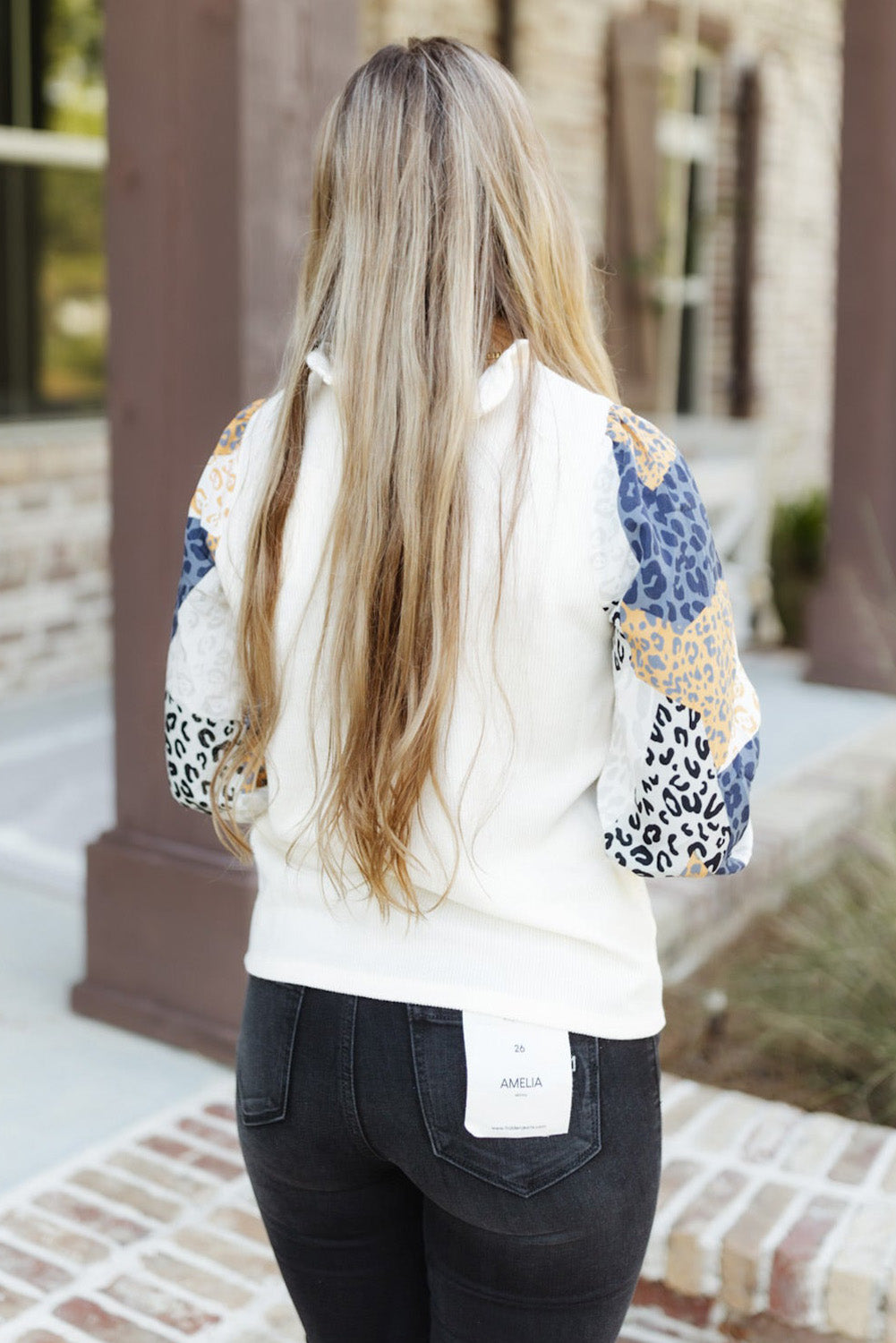 White Leopard Color Block Ruffled Blouse