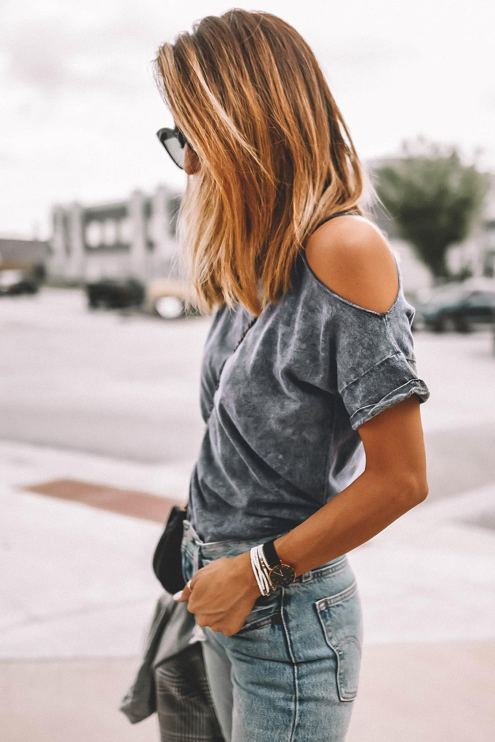 Gray Vintage Cold Shoulder Shirt